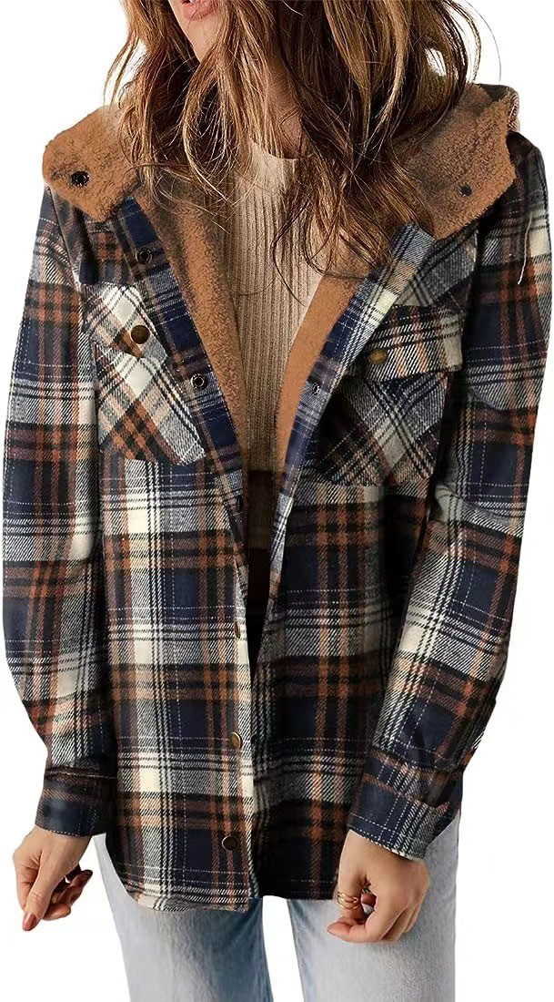 Casual Plaid Hooded Woolen Jacket For Women European And American Thickened And Fleeced Thermal Jacket