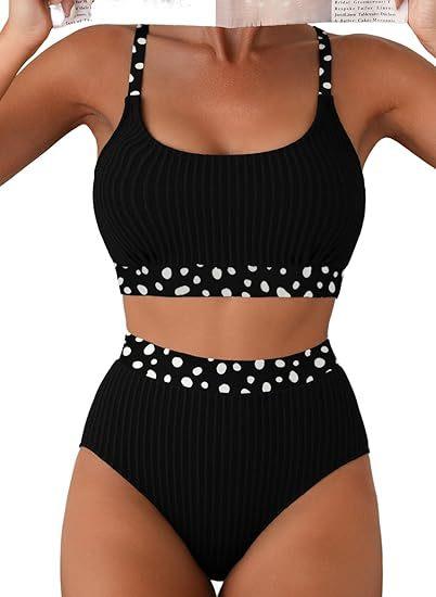 High-waisted Tummy-control Fashionable Polka-dot Print Halter Split Swimsuit