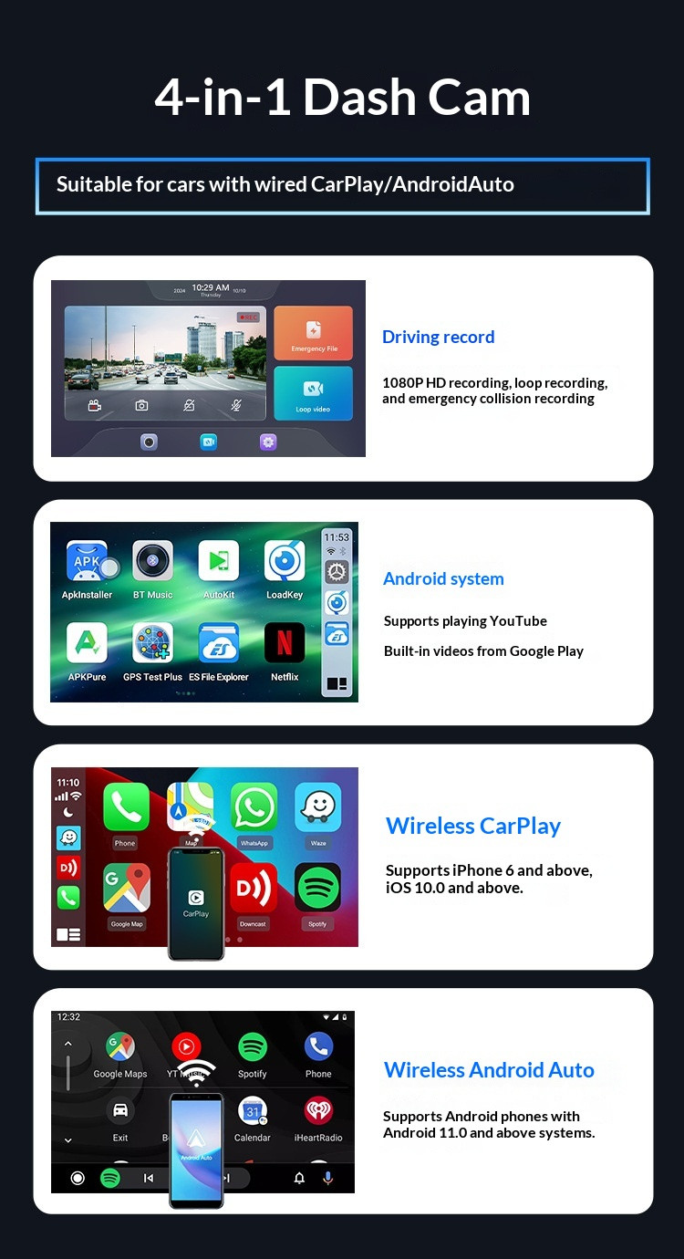 Carlinkit CarPlay To Android Auto Wireless Car Adapter, Smart Screen Box For Navigation, Dash Cam & Phone Screen Mirroring